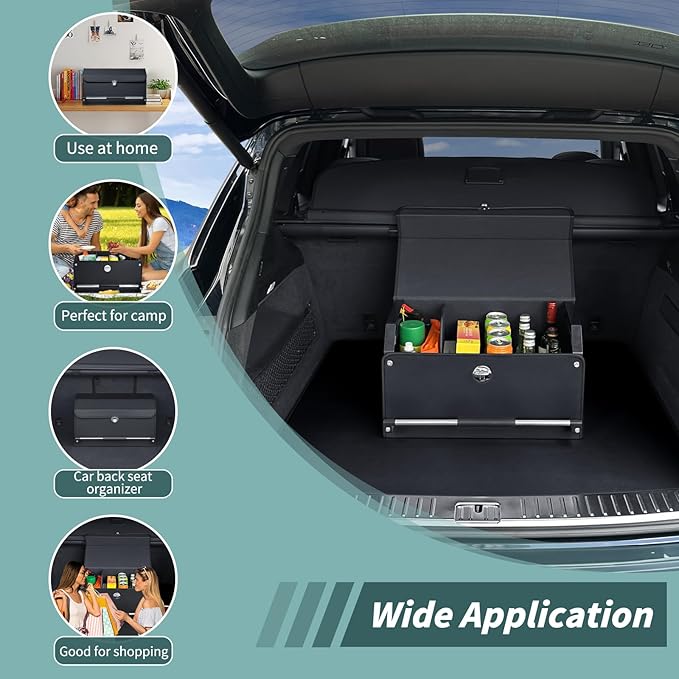 XCF Car Trunk Organizer, Leather Trunk Organizer for SUV with Lid and Sturdy Handle Car Storage Organizer (Black, 20.47 x 11.42 x 12.2in)