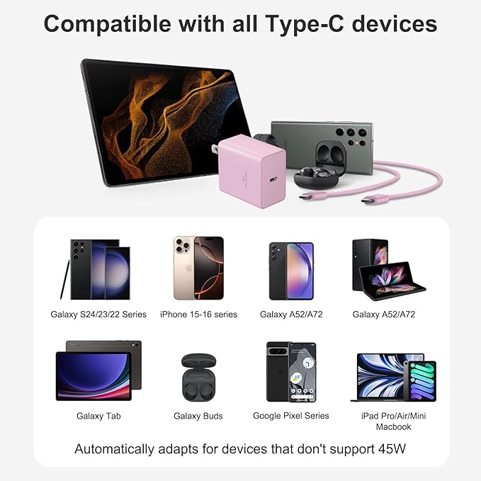 45W Type C Charger, USB C Charger 2-Pack iPhone 15 16 Charger 6FT with iPhone 16/16 Plus/16 Pro/16 Pro Max/iPhone 15/15 Pro Max/iPad Pro/AirPods/Galaxy S24 S23 S22 S21,Android Charger(Pink)