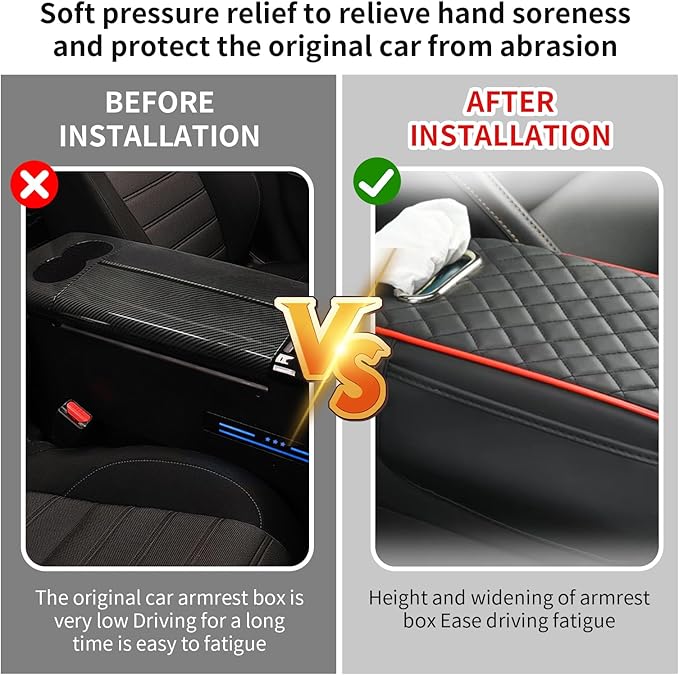Car Center Console Cover, Leather Car Armrest Box Pad with Pocket and Tissue Box Arm Rest Cushion Universal Car Seat Box Cover Car Interior Accessories for SUV/Truck/Vehicle (Black+Red)