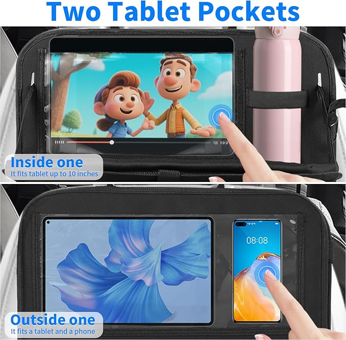 TCJJ Car Seat Organiser, Car Organiser Back Seat for kids, Car Backseat Seat Kick Protector with Tray and Touch Screen Tablet Storage Pockets Black/2 Pack