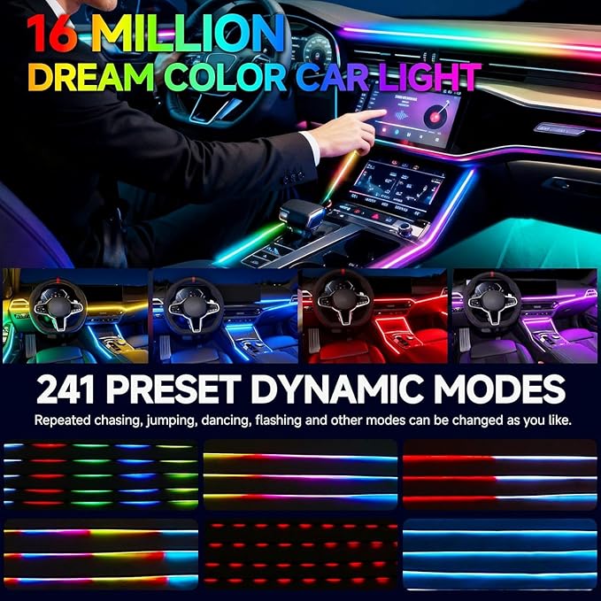 Interior Car LED Strip Lights,116in USB Dreamcolor 4 in 1 Acrylic Neon Flexible Strip Fiber Optic LED Ambient Lighting Kits with Remote APP, RGB Music Lights Sync for Inside car Decorations
