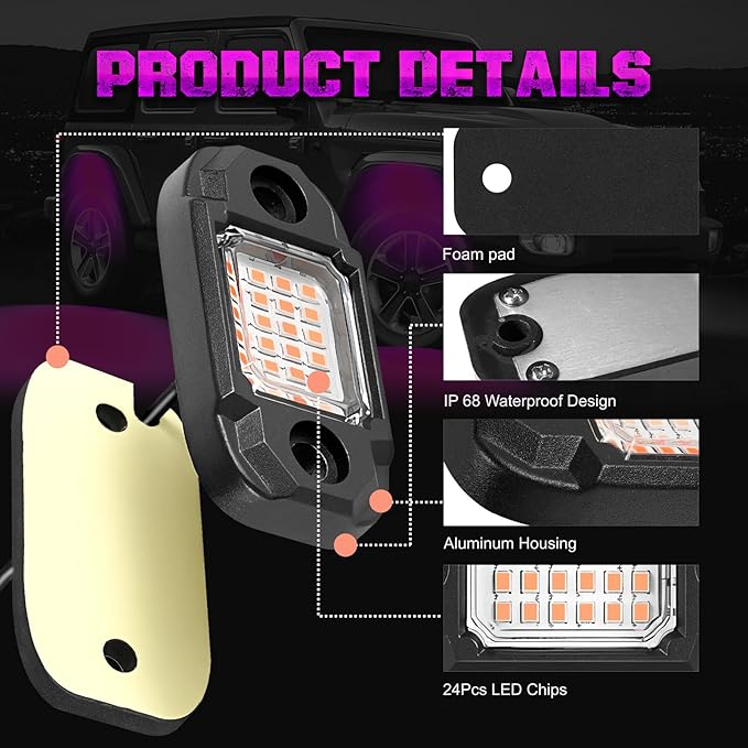 12Pods LED Rock Lights Purple 24led Chips Waterproof Neon Underglow Lighting Kit for Trucks SUV ATV Car
