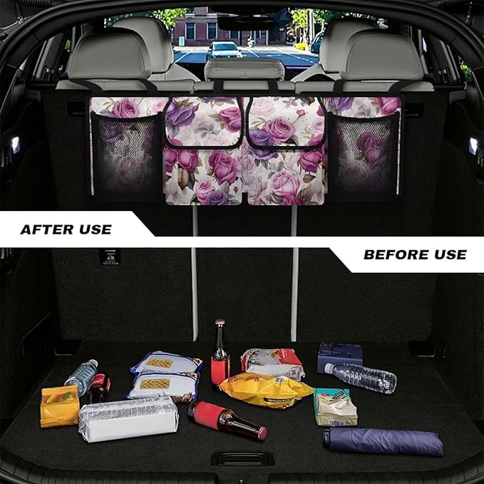 Pink Purple Rose Backseat Trunk Organizer for Car Organization Women Large Capacity Cargo Bag,4 Compartments,Car Accessories