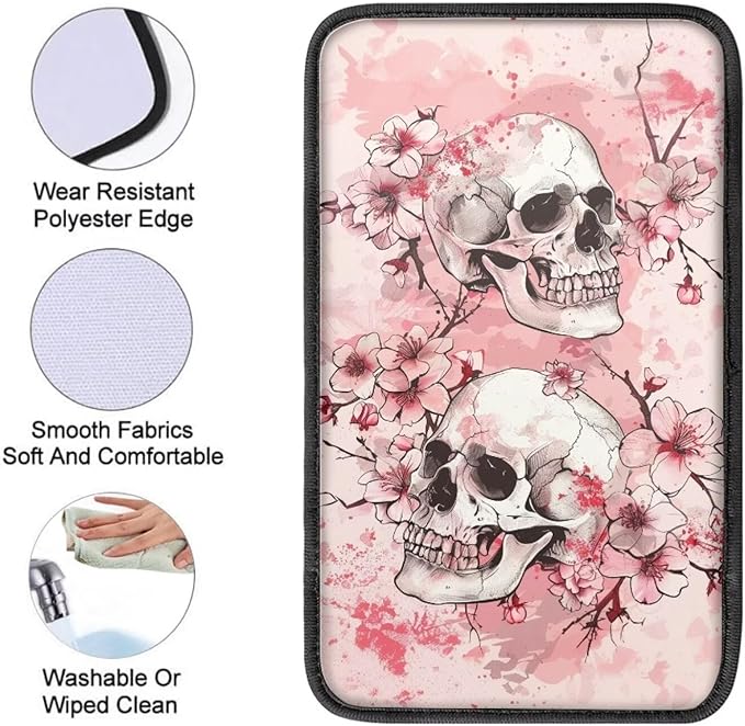 JoyLamoria Pink Floral Skeleton Car Center Console Armrest Cover Non Slip Auto Arm Rest Cushion Pads Womens Armrest Protector Washable