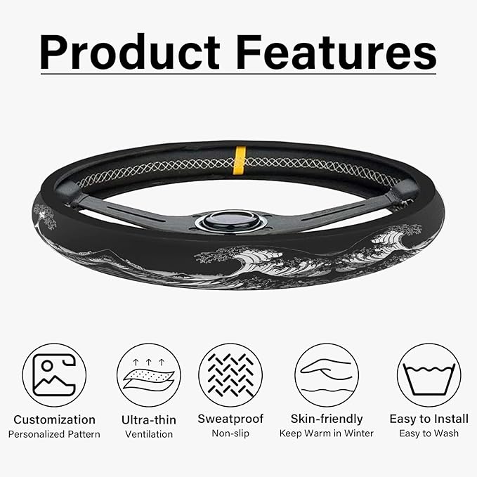 Sea Wave Steering Wheel Cover, Cute Print Steering Wheel Cover Protector, Ultra Thin Breathable Non-Slip, Car Accessories for Men, for Steering Wheel with a Diameter of 14.5"-15"