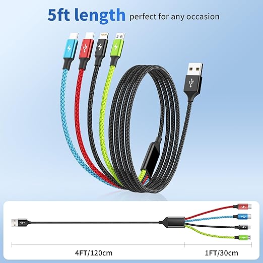 Car Accessories Multi Charging Cable [3Pack 5FT], Travel Essentials 4 in 1 Charging Cords, USB Cable Phone Charger with IP/Type C/Type C/Micro, Compatible with Most Phones/Tablets and More