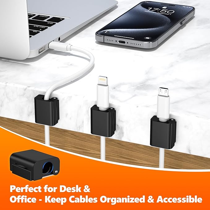 AGVEE 4 Pack Magnetic Cord Organizer Clips, 10mm Ultra-Thin Aluminum Cable Management Holder, 2 Pairs of Strong Magnets Keeper for Home Desk Office Gadgets Accessories, Residue-Free Tape, Black