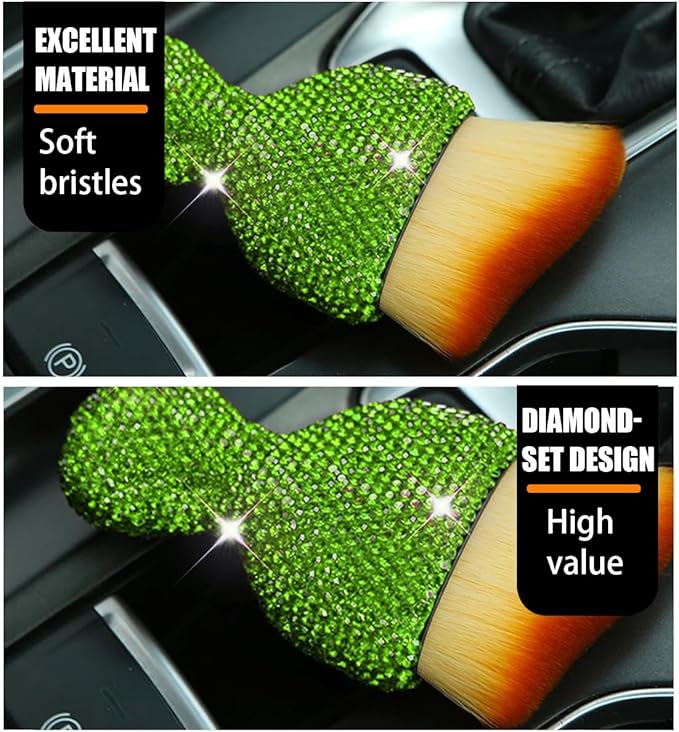 zipelo Auto Interior Dust Brush, Car Detailing Cleaning Brush with Diamond, Bling Handle Soft Bristles Dusting Tool, Scratch Free Dirt Clean Brushes for Vehicle Dashboard, Air Conditioner Vent (Green)