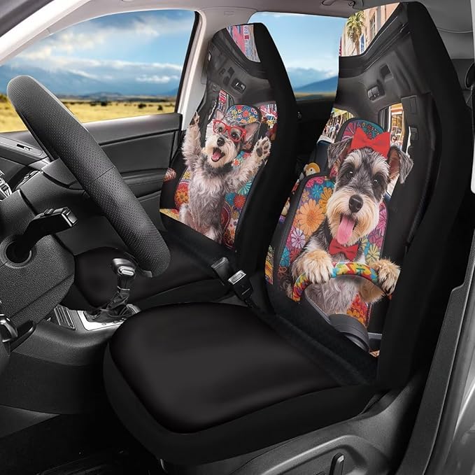 Schnauzer Front Car Seat Cover Comfortable Cute Automobile Front Seat Covers Stretch Polyester Fabric Cover Easy to Install and Clean Universal Fit for Cars SUV Sedans