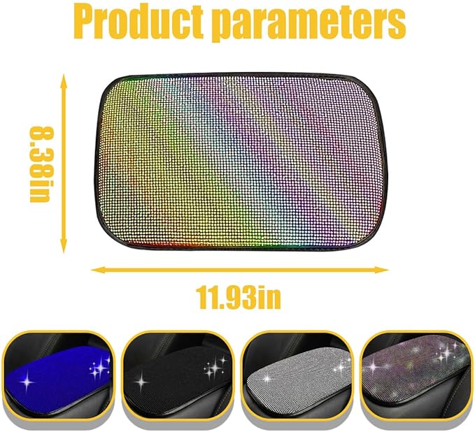 11.9''×8.4'' Bling Car Center Console Cover, Crystal Diamond Arm Rest Cover for Car, Soft Elbow Pillow Automotive Armrest Seat Box Cover, Arm Rest Protective Cushion Pad for Women (Colorful)