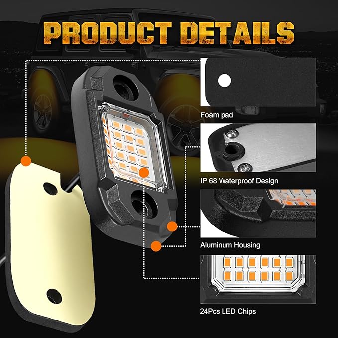 6Pods Yellow Rock Lights 24 LEDs Chips Neon Trail Rig Lamp Underglow LED Lighting Systems for Cars Trucks SUV ATV UTV