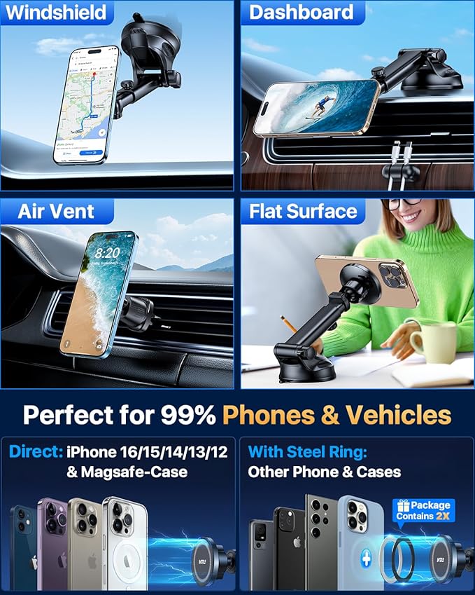 【Military-Grade】HTU for MagSafe Car Mount【Upgraded Strongest Suction】Magnetic Phone Holder Cell Stand for Dashboard Windshield Vent,Truck Cradle for iPhone 17 Pro Max 16 15 14 13 12 Tesla,Silver Gray