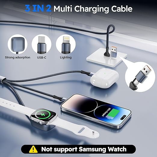 Cruise Essentials 3in2 Multi Charging Cable for iPhone Watch Charger,USB A/C to Type C/IP/iWatch charger, Charging Cords for Multiple Devices Compatible with iWatch Series&iPhone 17-12 (2Pack,5FT)
