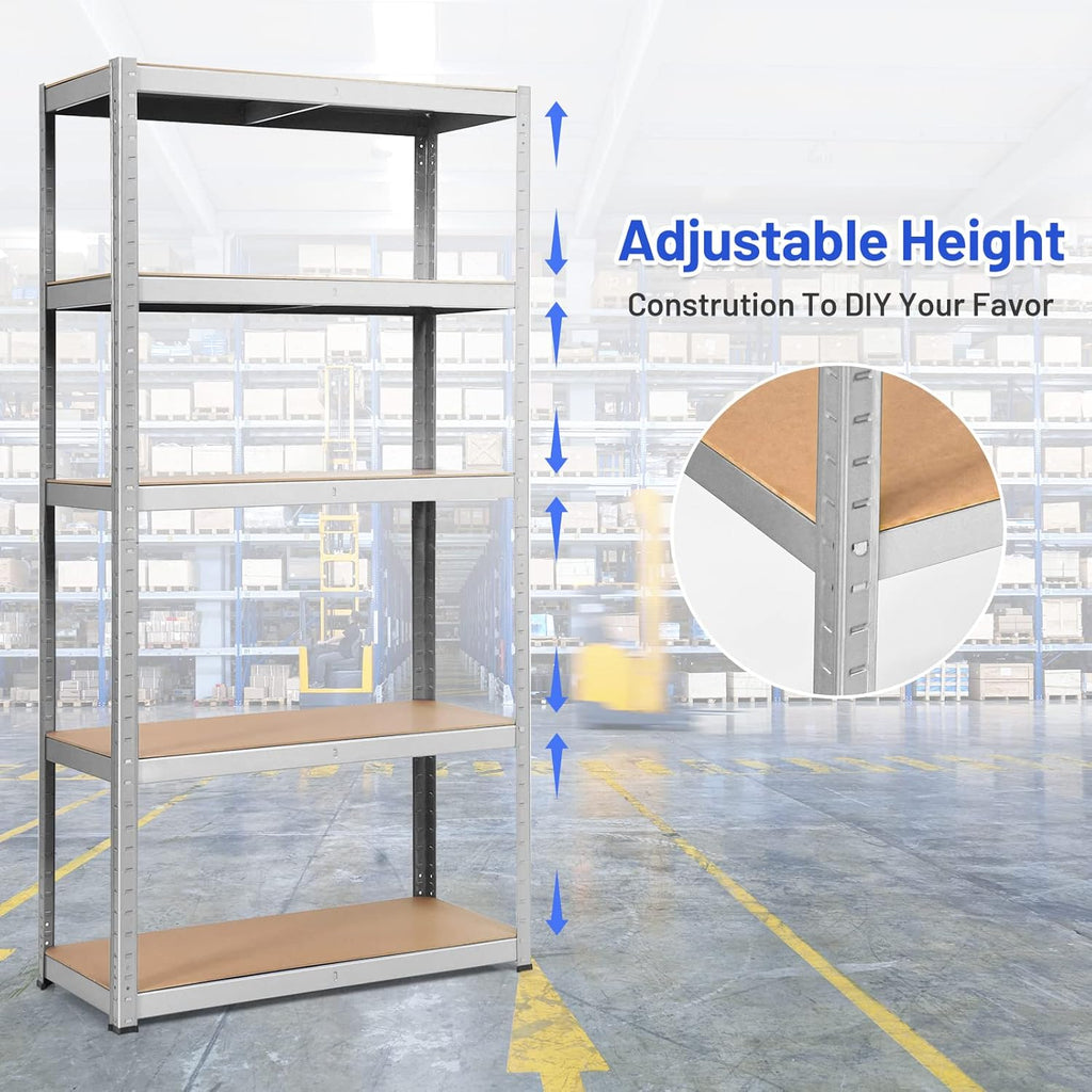 ERGOMASTER 5 Tier Utility Shelves Rack Garage Heavy Duty Steel Metal Shelving Unit with Adjustable Design, Bolt-Free Assembly & 385 LBS Wight Capacity Per Tier (1, Silver)