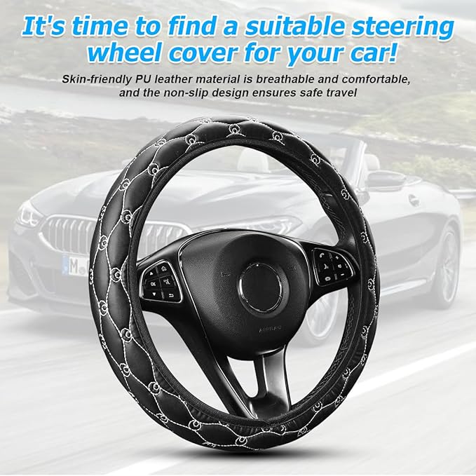 Car Steering Wheel Cover, PU Leather Non-Slip Lantern Pattern Vehicle Steering Wheel Cover Protection, Breathable Automotive Interior Protecter Accessories, Universal Fit (Black/White)
