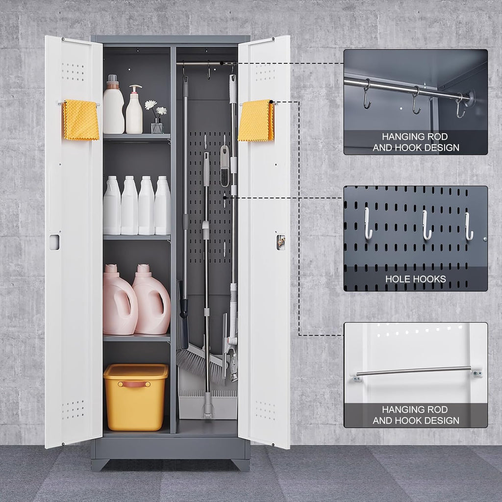 GREATMEET 65" Garage Storage Cabinet, Broom Closet Storage Cabinet, Metal Cabinets with Doors and Shelves, Utility Closet for Brooms and Mops, Utility Cabinets for Storage, Grey&White