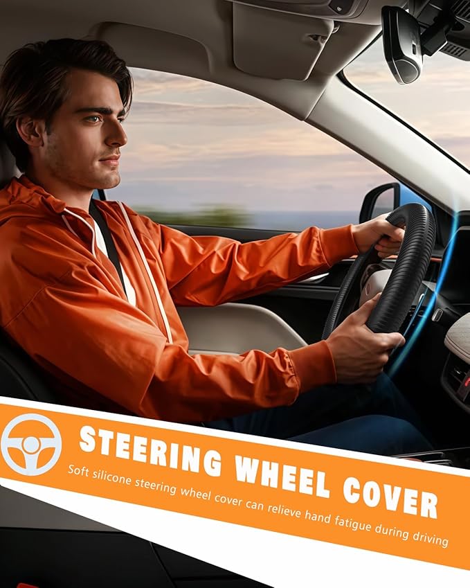 WOCOCN Car Steering Wheel Cover, Thin Anti-Skid Silicone Steering Wheel Cover for Men & Women, Universal Automotive Interior Accessories for Most Cars (Black)