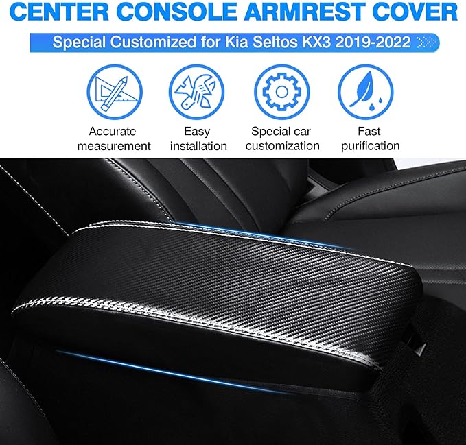 Autorder Center Console Cover for Kia Seltos 2021 2022 2023 2024 2025 Accessories Carbon Fiber Armrest Cover Anti-Scratch Middle Console Pad Leather Armrest Protector