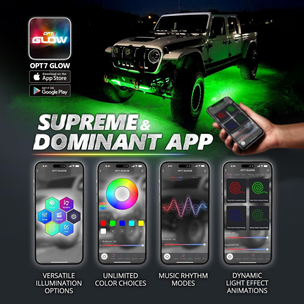 OPT7 Aura Pro Rigid RGB LED Underglow Kit for Trucks Trailers Pickups with App & Remote Control, Multi Colors Music Modes, 4 PCS Waterproof Aluminum Light Bars, Exterior Neon Under Car Lights