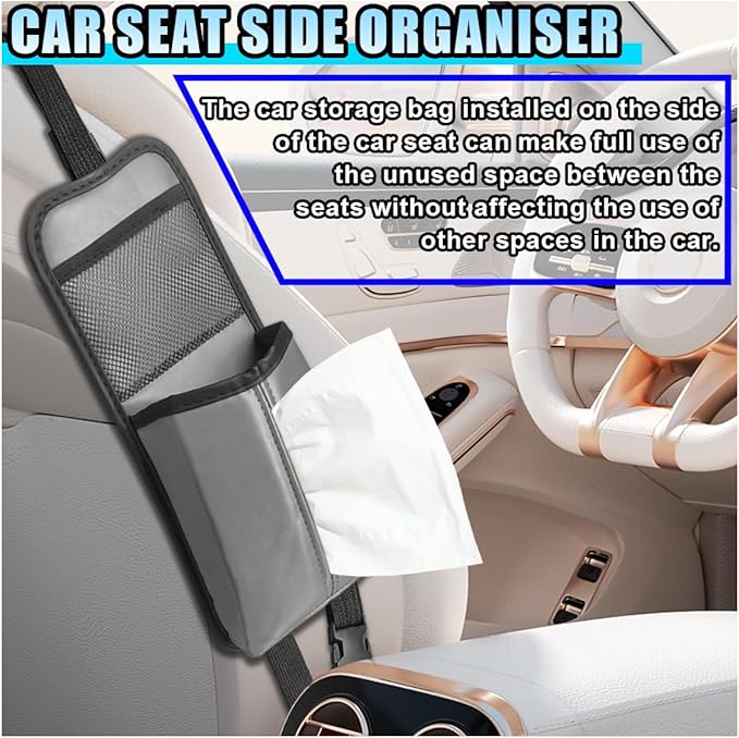2-in-1 Tissue Holder Car Seat Storage Hanging Bag- Multi-Function Water Bottle Holder Bag Car Seat Side Organizer for Phone & Drink- Large Cup Holder Auto Stuff Holder with Mesh Pocket for Cars (Grey)
