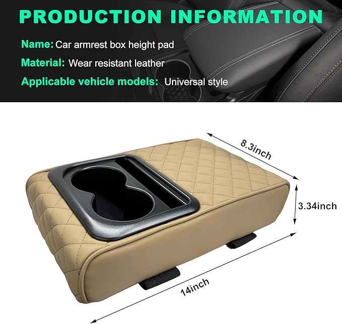 Car Center Console Armrest Pillow, Memory Foam Auto Armrest Box Cover with Cup Holder & Phone Holder, Waterproof Leather Arm Rest Protector Cushion, Interior Car Accessories (Diamond, Beige)