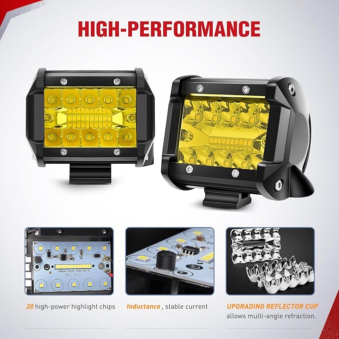 Nilight 4 Inch Yellow LED Light Pods 2PCS Triple Row 60W Flood Spot Combo Offroad Driving Fog Lighting for 12V 24V Pickup Truck ATV UTV SUV