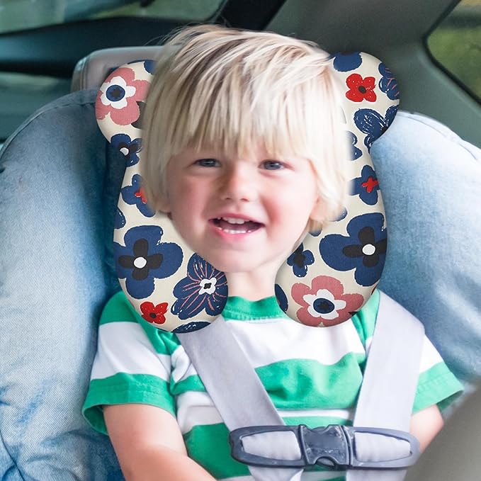 Baby Travel Pillow, Upgrade U-Shape Infant Pillow for Car Seat Pushchair and Stroller, Soft Comfortable Sleep Cushion for Kids Newborn and Toddler -Flower Blue