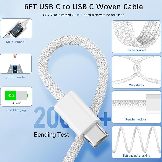 iPad Fast Charger, 2 Pack 20W USB C Charging Block Charge Adapter for Apple iPad Charger with 6FT USB C Woven Fast Charging Cable for iPad Pro 13/12.9/11inch,iPad Air 5th/4,iPad mini 6/7,i-Pad 11 A16