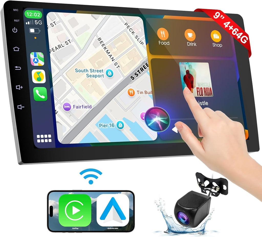 Wireless Double Din Car Stereo with Apple CarPlay/Android Auto,Carplay Screen for Car,Voice Control with Backup Camera,Bluetooth,Navigation, Mirror Link (9 Inch)