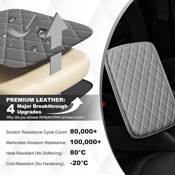 Upgraded Car Center Console Cover Fit for RAV4 Faux Leather Car Armrest Cover Cushion with 2 Storage Bags,Car Armrest Storage Box Interior Accessories(Grey&Whiteline)