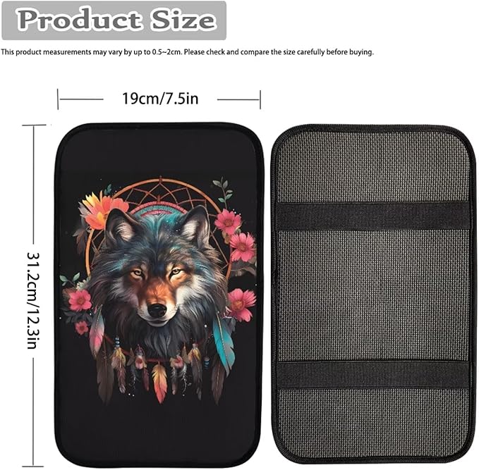 Dreamcatcher Wolf Floral Print Car Center Console Cover,Universal Armrest Cover Pads for Most Cars,SUV