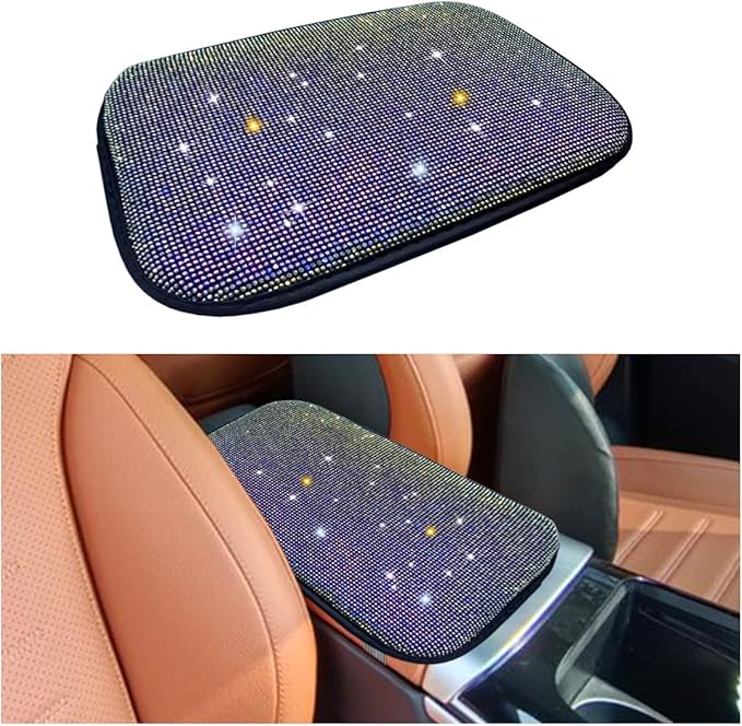 11.9''×8.4'' Bling Car Center Console Cover, Crystal Diamond Elbow Pillow Car Armrest Seat Box Cover, Soft Arm Rest Protective Cushion Pad for Women Girls, Auto Interior Decor for Car SUV (Multicolor)
