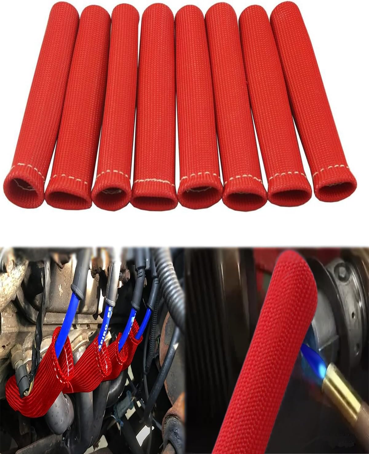 Spark Plug Heat Cover Replacement - 8 PCS 2500° Spark Plug Wire Boots Protector, 6 Inches Spark Plug Wire Heat Shield Sleeve Protection for LS1 / LS2 SBC BBC 350 454 Car Truck, Red