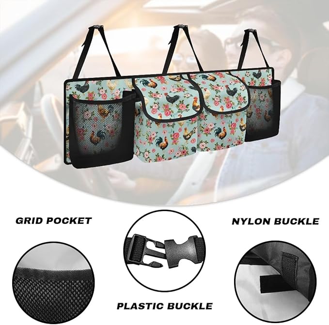 Farm Rooster Car Backseat Trunk Organizer for Women Pink Peony Flowers Hanging Car Storage Organizer with Extra Storage Space for SUVs,Trucks,Vans