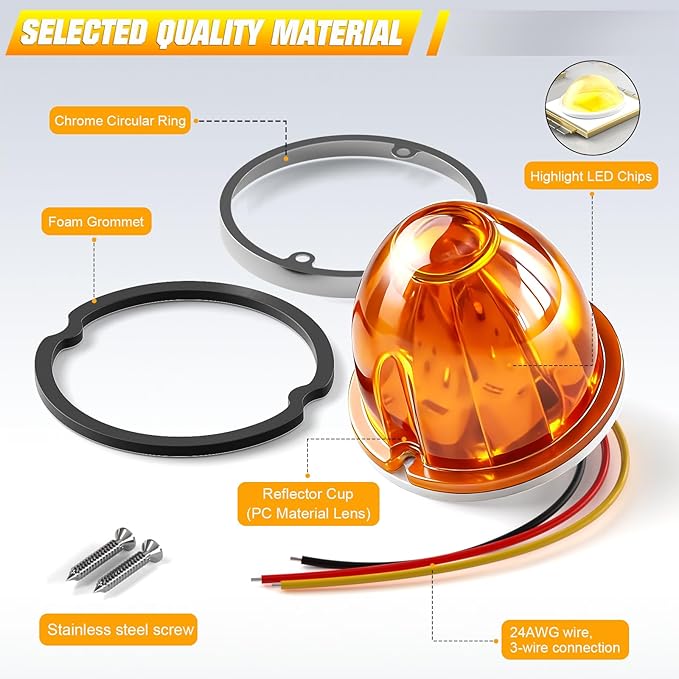BJZ 2Pcs Amber Watermelon LED Strobe+Constant Marker Lights Dual Function Watermelon-shaped Side Marker Clearance Tail Top Cap Roof Lights for Trailer Truck Semi-trailer Heavy-duty Truck Bus Van