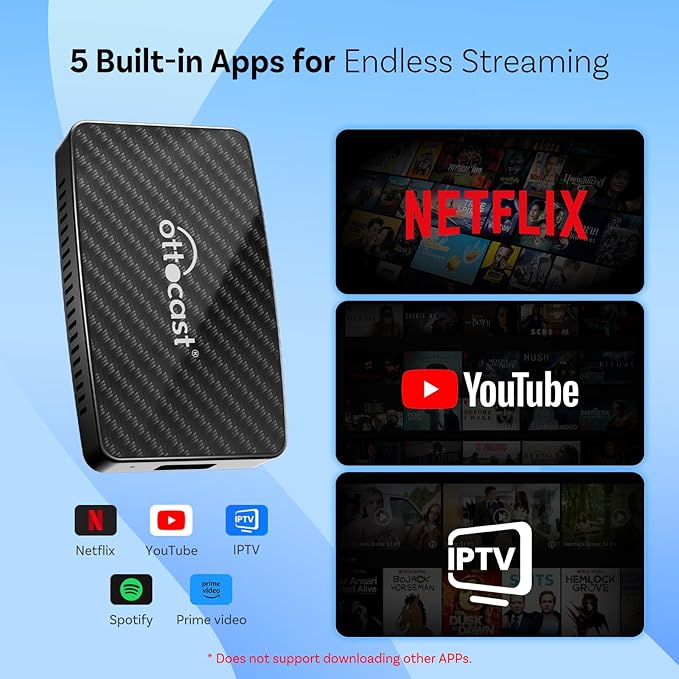 OTTOCAST Play2Video Pro- Wireless CarPlay Android Auto Adapter Built-in 4 Video Apps, Magic CarPlay Car Video AI Box Support Netflix, YouTube, IPTV, Prime Video, Spotify for Wired CarPlay Cars