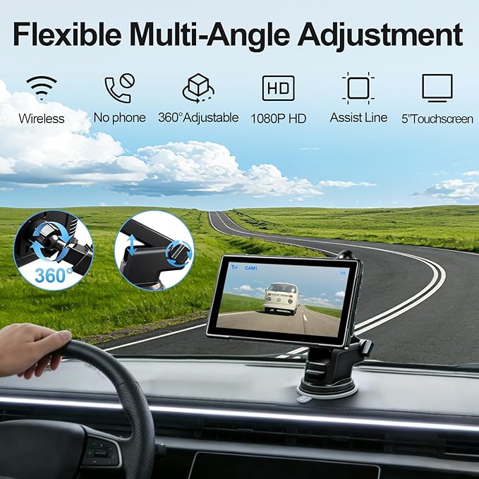 Solar Wireless Backup Camera for Car - 2 Side Solar Panels, 5" HD 1080P Monitor 2 Mins DIY Install & 5000mAh Solar Powered, 170° Eagle-Eye View, IP69K Waterproof Backup Camera for Truck,RV,Trailer,SUV