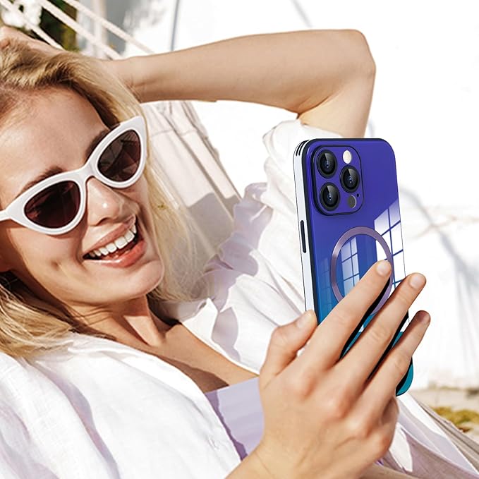 Guppy Compatible with iPhone 15 Pro Case Magnetic, with Full Camera Lens Protector [Compatible with MagSafe] Scratch Resistant Gradient Glass Back Cover Phone Case-Purple