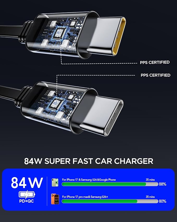 84W Upgraded Retractable Car Charger Adapter for iPhone 17,4 in 1 Fast Charging Car Phone Charger,USB C Car Truck Accessories,Road Trip Essentials Gift for Men for iPhone 17/16/15,Galaxy S26,Pixel 10
