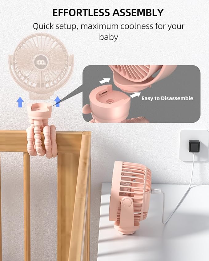 Portable Stroller Mini Fan, Small Rechargeable Personal Fan, Travel Essentials for Baby, Wagon, Car Seat, Treadmill, Battery Powered Biking Gear Accessories, 360° Rotation, 3-Speed, Display, Pink