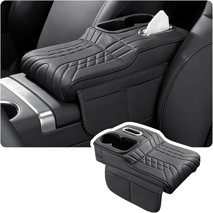 Car Armrest Storage Box for Cadillac SRX 2004–2016 2013 2014 2015, Sport-Style Center Console Organizer with Side Pocket, PU Leather Armrest Cushion, Elbow Support Pad,A Black