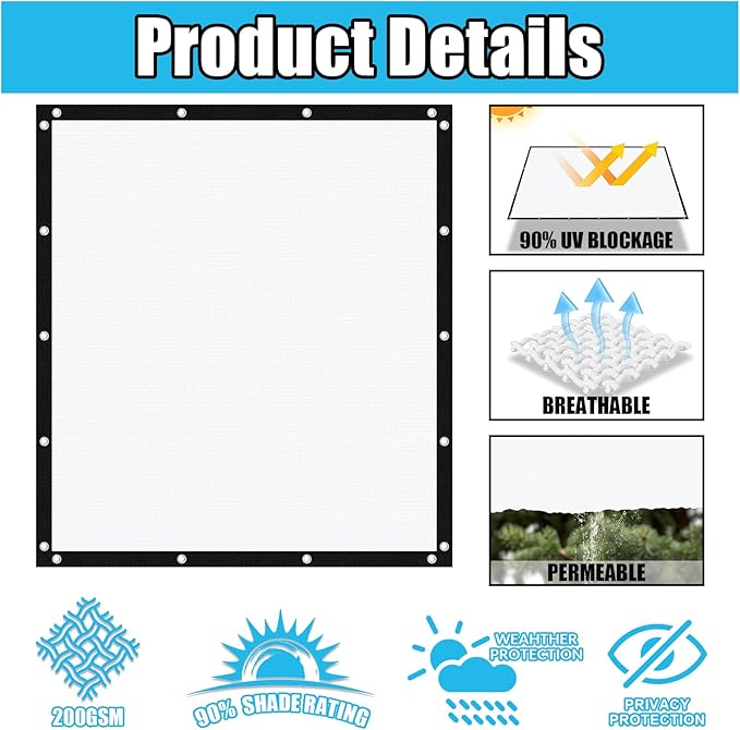 Amagenix 90% Pergola Shade Cover 7' X 24' Sun Shade Cloth with Grommets for Outdoor Garden Patio Porch, Commercial Grade 200 GSM - Cable Zip Ties Included (We Customized) GN108, White