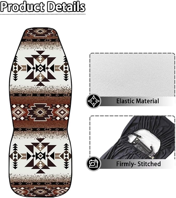 ELEQIN Car Seat Covers Two Front Only for Car, Brown Aztec Geometric Automotive Interior Covers, Quick Setup Universal Fit Seat Covers for Car, Truck, SUV
