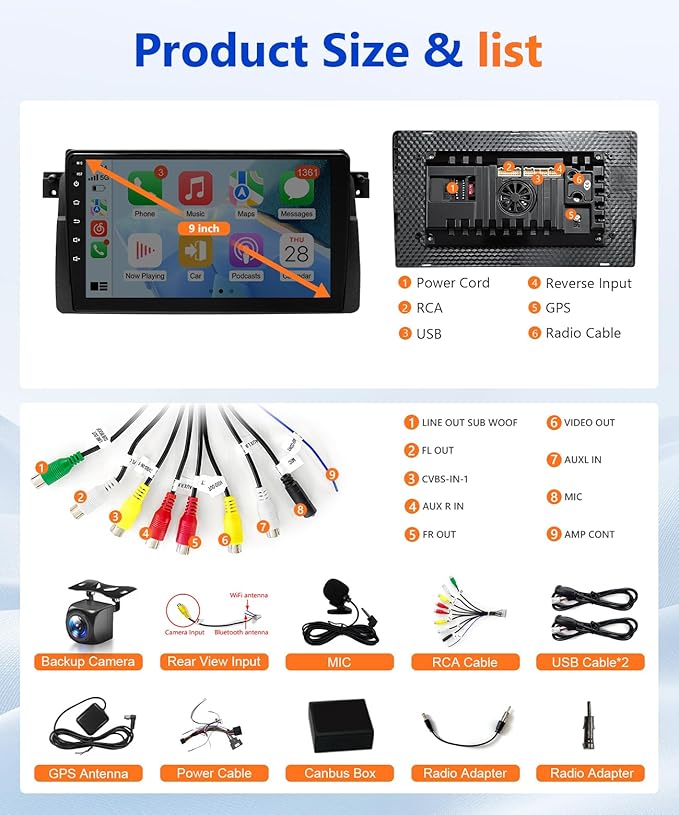 8Core Car Stereo for BMW 325i 330i E46 328i 328xi 1998-2005 Radio for BMW M3 2000-2006 Apple CarPlay Android Auto,9IN IPS Touch Screen 5G WiFi/GPS Navi/BT/FM/RDS/DSP/EQ/SWC/AHD Camera