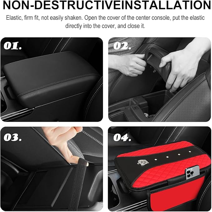 NBTEPEM Bling Crown Car Center Console Armrest Cover, Leather Middle Console Cover Cushion with 2 Storage Bags, Car Armrest Storage Box Interior Accessories for Most Vehicles(Red)