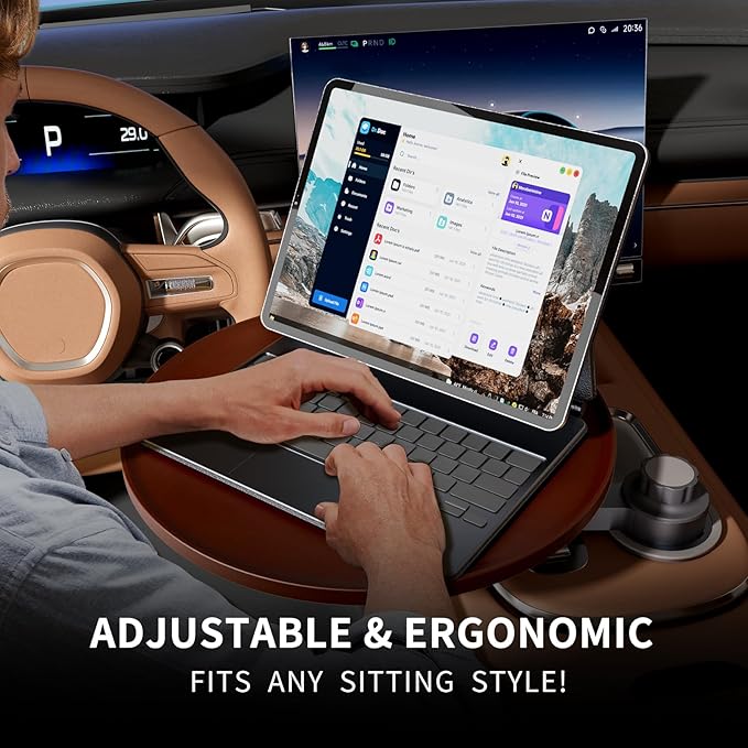 Car Tray & Car Desk for Laptop, 360° Rotating Wood Cup Holder Table, Steering Wheel Tray, Car Accessories for Women & Men,Compatible with Tesla Model Y/3/S, Ford F150/Explorer/Maverick & Most Vehicles