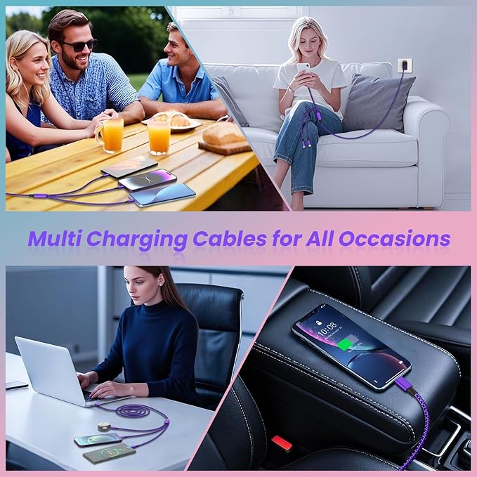 Multi Charging Cable [2Pack 4FT], 3 in 1 Charging Cable USB-A Multi Charger Cable, Braided Multiple Charger Cord with Type-C, Micro USB and IP Port for iPhone 16/15 Series/Cell Phones and More-Purple
