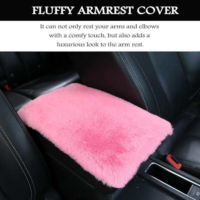 Fluffy Furry Armrest Cover for Car, Auto Center Console Cover Pad Car Soft Console Pad Wool Fur Armrest Seat Box Cover Protector Universal Fit for Most Vehicle, SUV (Pink)