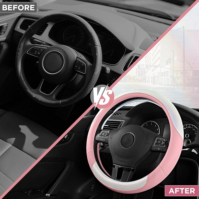 Road Comforts Steering Wheel Cover – Breathable Leather Steering Wheel Cover, Anti-Slip Grip, Universal Fit 14.5” to 15”, Heat & Cold Resistant for Cars, SUVs, and Trucks –Shining White & Pink