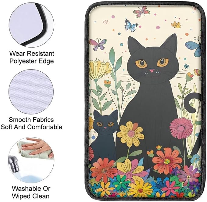 Dreaweet Car Armrest Cover Cute Black Cat Floral Car Accessories for Women Car Center Console Pad Universal Fit Armrest Cover Protector for Cars,SUV,Trucks